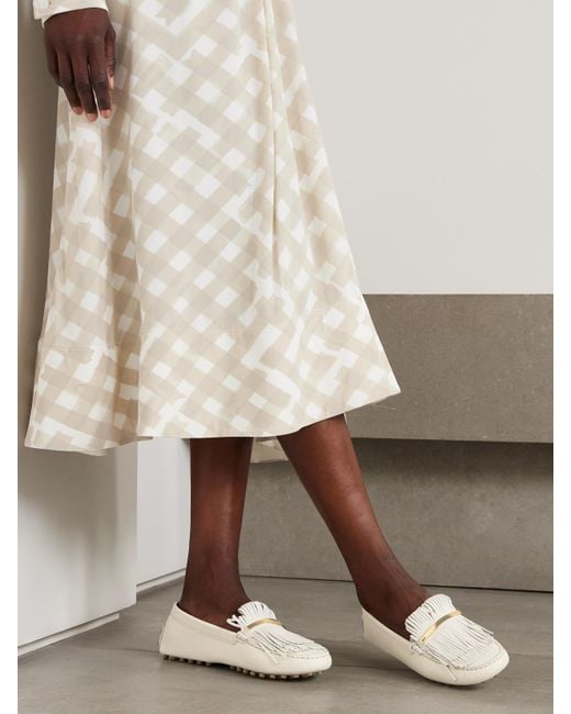 Tod's Natural Gommino Embellished Fringed Leather Loafers