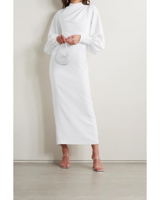 Rasario White Gathered Stretch-Crepe Midi Dress