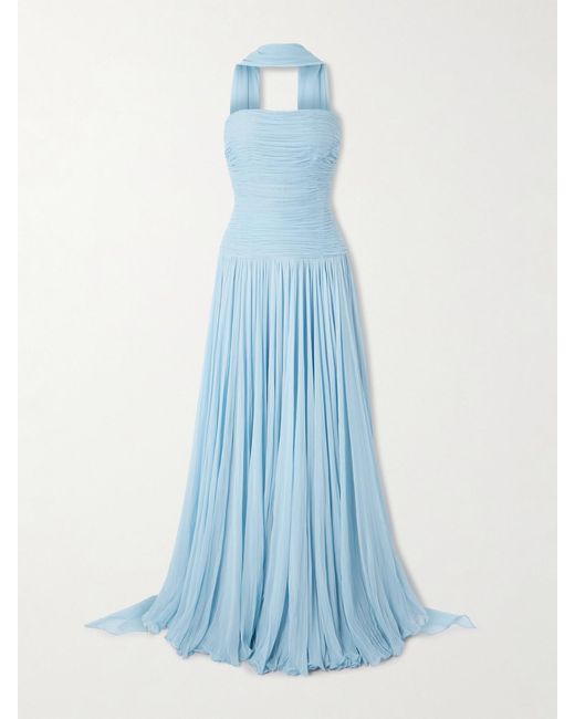 Marmar Halim Blue Strapless Scarf-Detailed Plissé Silk-Georgette Gown