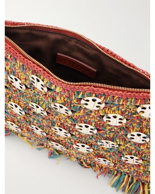 Rabanne Multicolor Leather-Trimmed Fringed Woven Raffia Clutch