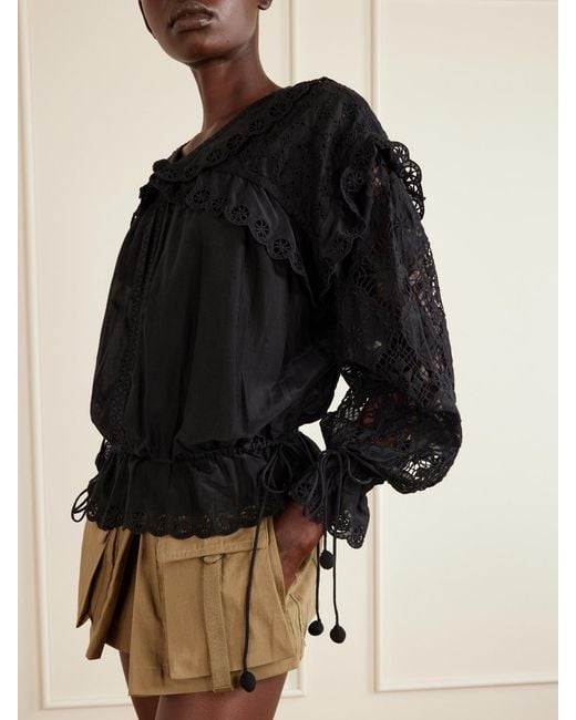 Isabel Marant Black Nowana Broderie Anglaise Cotton And Silk-Blend Blouse