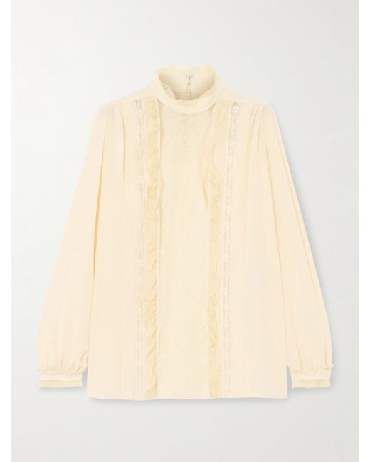 Valentino Garavani Natural Bluse Aus Crêpe De Chine Aus Seide Mit Spitzeneinsätzen, Rüschen Und Biesen