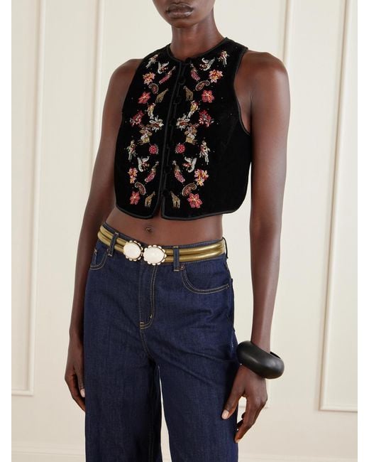 Etro Black Bead-Embellished Cropped Velvet Vest