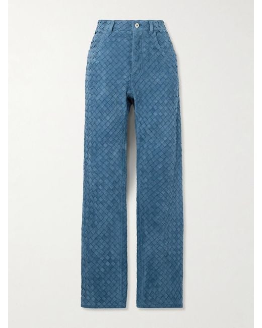 Bottega Veneta Blue Intrecciato Suede Straight-Leg Pants