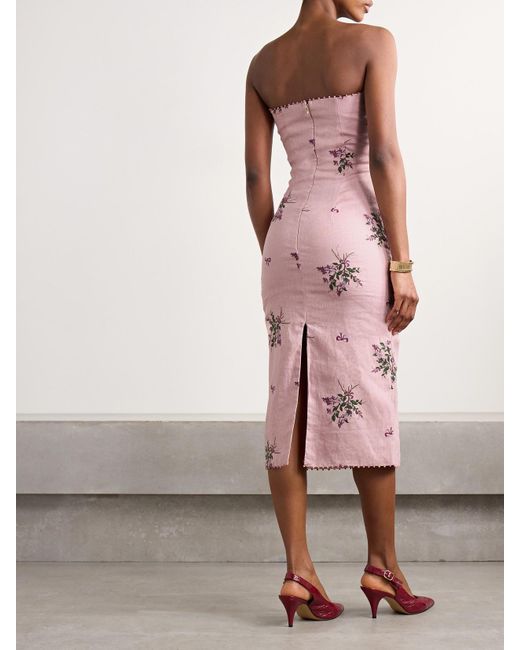 Agua Bendita Pink Armonía Wisteria Strapless Bead-Embellished Embroidered Linen Midi Dress