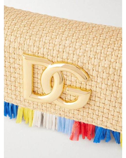 Dolce & Gabbana Blue 3.5 Logo-Embellished Fringed Leather-Trimmed Raffia Shoulder Bag