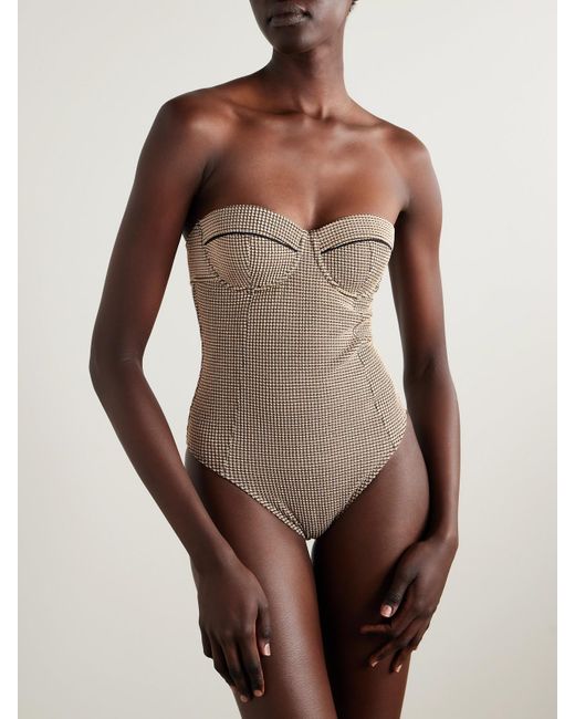 Staud Brown Maeve Checked Piqué Underwired Swimsuit