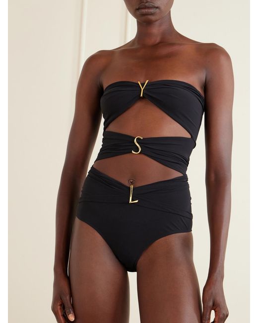Saint Laurent Blue Strapless Cut-Out Gathered Embellished Swimsuit
