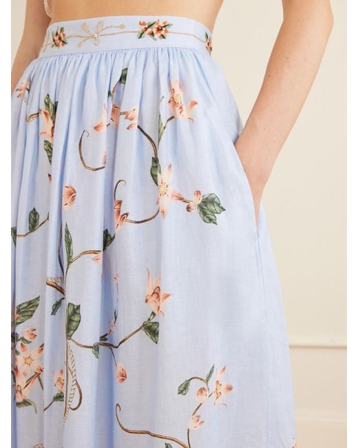 Agua Bendita Blue Tangelo Embroidered Floral-Print Linen Maxi Skirt