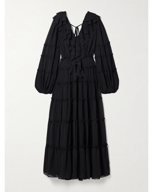 Robe Longue En Crêpe De Chine À Volants Protea Aje. en coloris Black