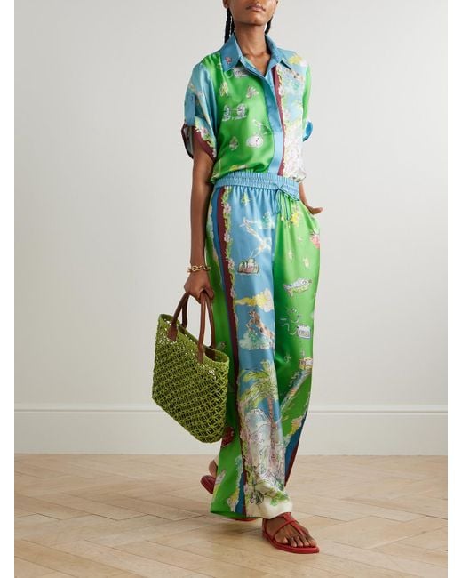 ALÉMAIS Green Anouk Colantoni Daria Embellished Printed Silk-Twill Wide-Leg Pants