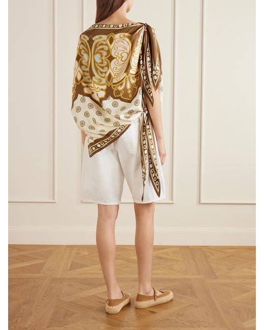 LaDoubleJ Metallic Asymmetric Knotted Printed Silk-Satin Blouse