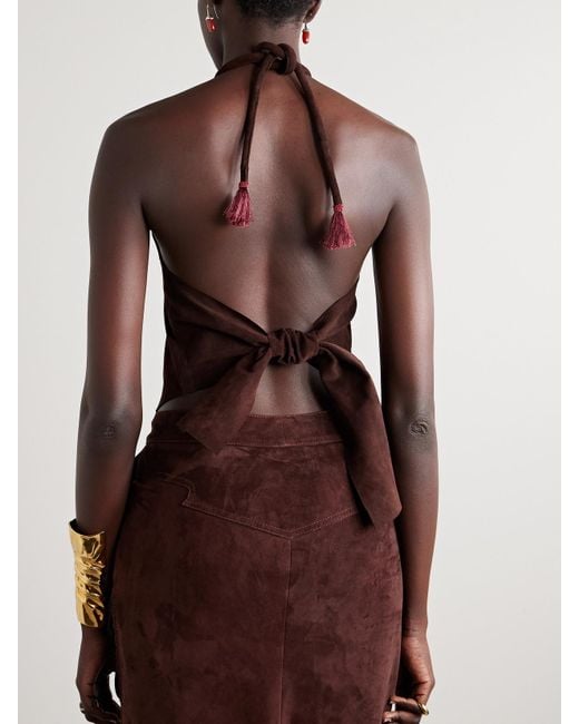 Johanna Ortiz Red Kell Cropped Tasseled Suede Halterneck Top