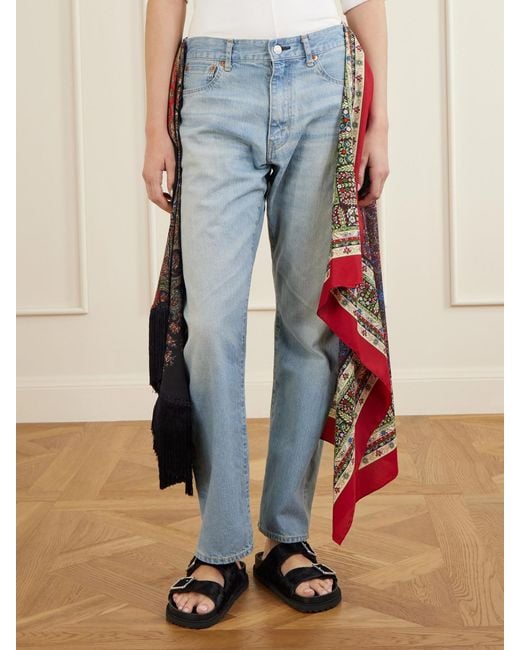 Junya Watanabe Blue Scarf-Detailed Fringed Mid-Rise Straight-Leg Jeans