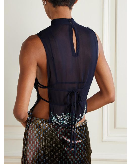 Dries Van Noten Blue Oberteil Aus Stretch-Mesh Mit Verzierungen