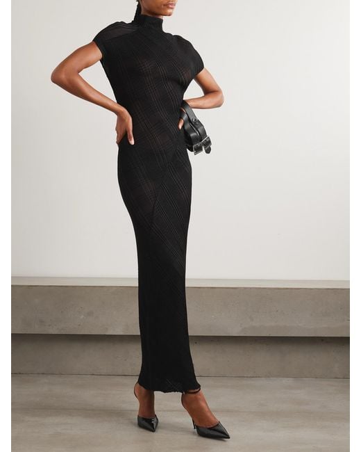 Jean Paul Gaultier Black Embellished Checked Ribbed-Knit Turtleneck Maxi Dress