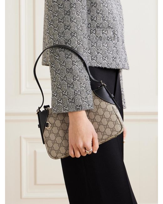 Gucci Natural Gg Emblem Small Leather-Trimmed Coated-Canvas Shoulder Bag