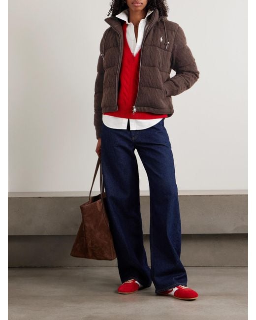 Polo Ralph Lauren Brown Hooded Padded Quilted Cable-Knit Wool And Cashmere-Blend Coat