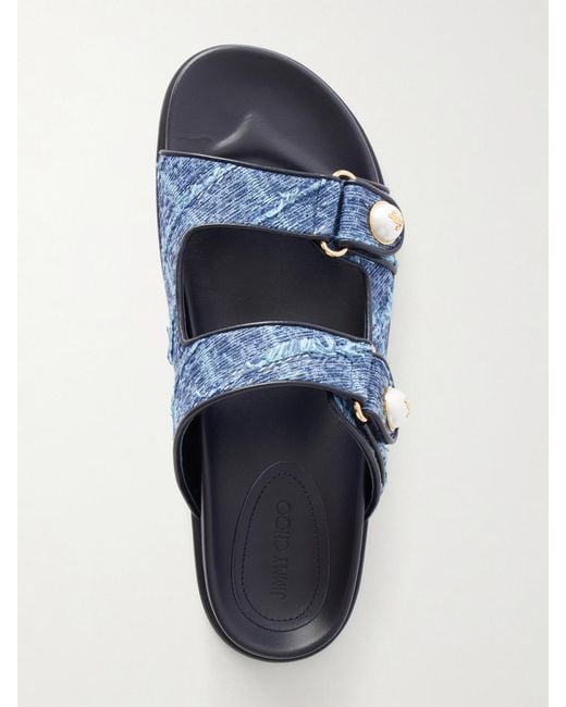 Jimmy Choo Blue Fayence Embellished Frayed Denim Sandals