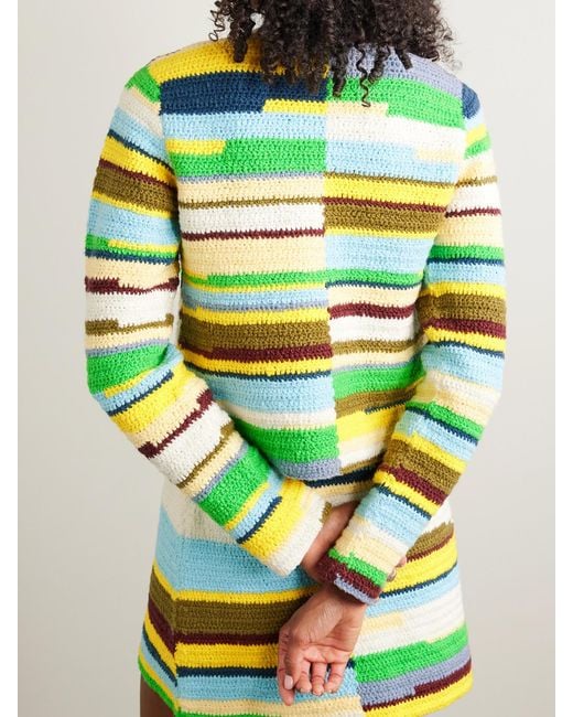 The Elder Statesman Green Striped Crocheted Organic Cotton Cardigan