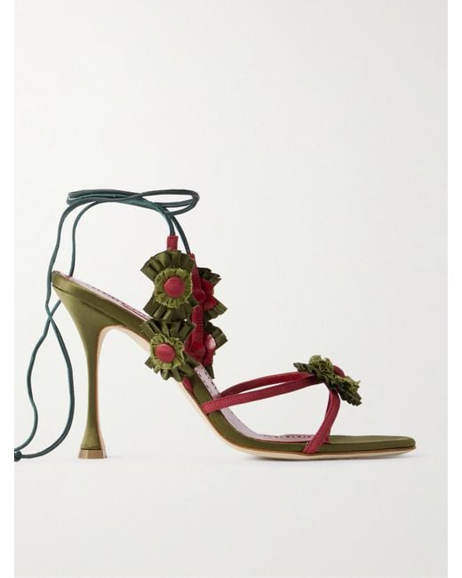 Manolo Blahnik Metallic Palissot 105 Leather-Trimmed Appliquéd Grosgrain And Satin Sandals