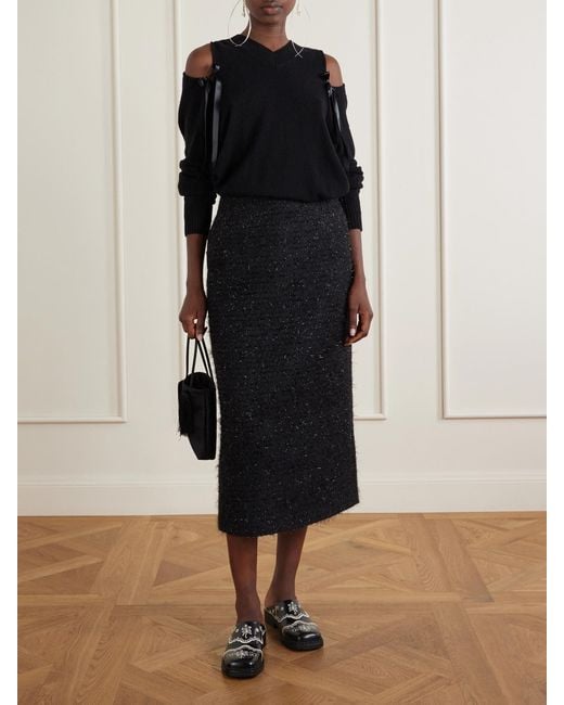 Simone Rocha Blue Shearling-Trimmed Metallic-Tweed Midi Skirt