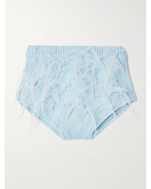 ShuShu/Tong Blue Feather-Trimmed Knitted Shorts