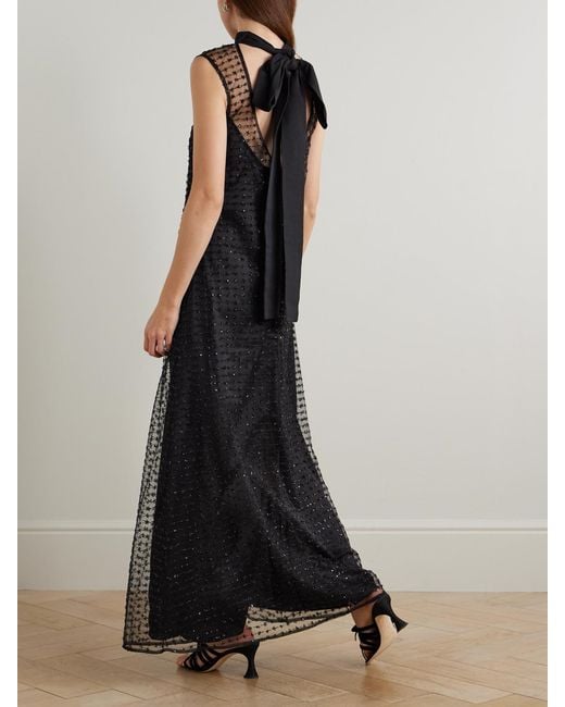 Staud Black Albee Embellished Tie-Detailed Faille-Trimmed Tulle Maxi Dress