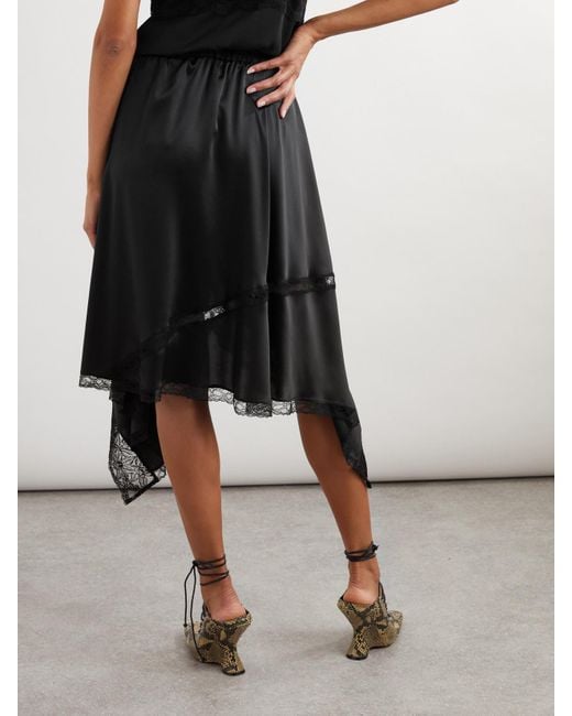 Dries Van Noten Black Asymmetric Lace-Trimmed Silk-Blend Satin Midi Skirt