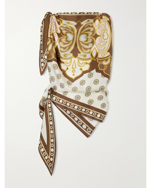 LaDoubleJ Metallic Asymmetric Knotted Printed Silk-Satin Blouse