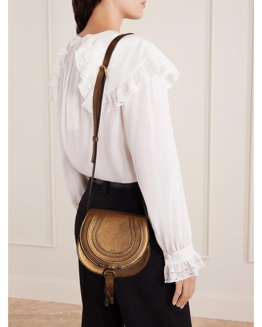 Chloé Natural Marcie Metallic Crinkled-Leather Shoulder Bag
