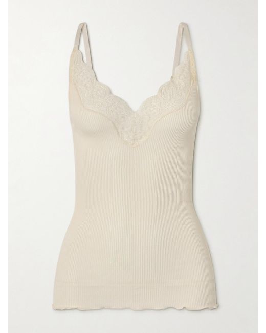 Saint Laurent Natural Lace-Trimmed Ribbed Silk-Jersey Tank Top