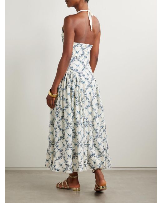 Agua Bendita White Balsa Faux Pearl-Embellished Printed Linen Halterneck Midi Dress