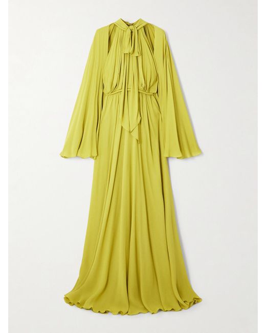 Giambattista Valli Yellow Pussy-Bow Cape-Effect Gathered Crepe Gown