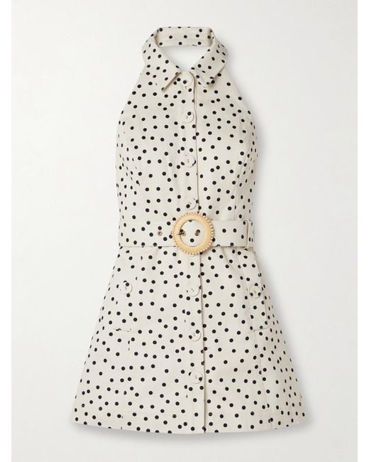 Cara Cara White Parker Neckholder-Minikleid Aus Denim Mit Punkten Und Gürtel