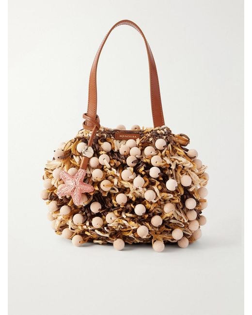 Aquazzura Natural Pom Pom Leather-Trimmed Beaded Woven Raffia Mini Bag