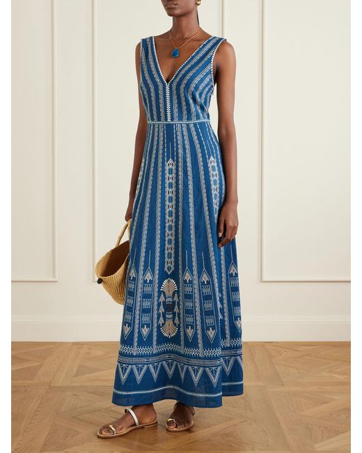 Emporio Sirenuse Blue Nellie Embroidered Cotton And Linen-Blend Maxi Dress