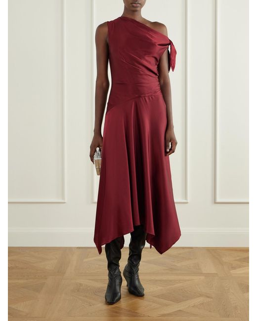 Staud Red Portia Tie-Detailed Draped Silk-Satin Dress