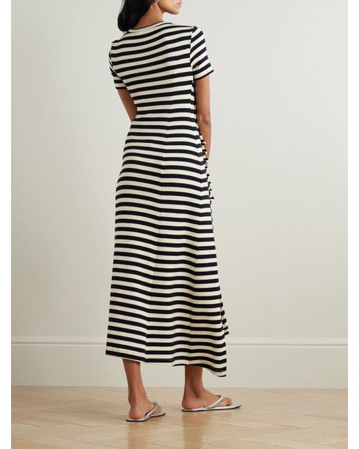 Rabanne White Gathered Embellished Striped Wool-Blend Midi Dress