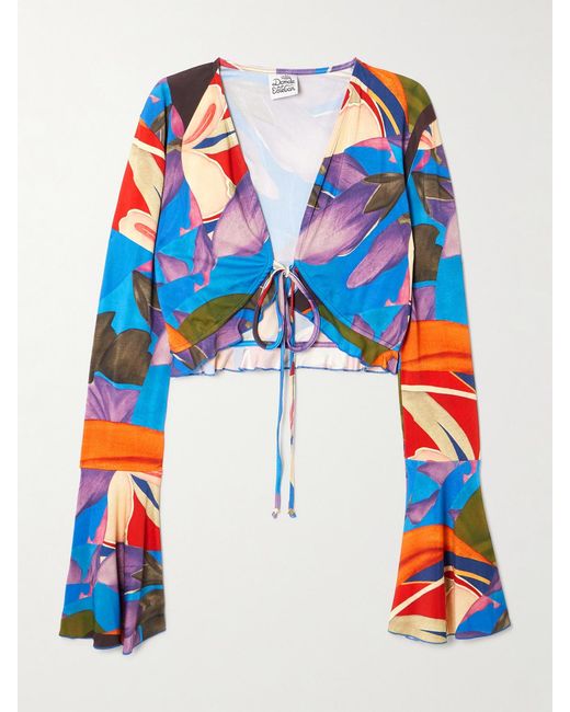 Donde Esteban Blue Palenque Flores Cropped Tie-Detailed Floral-Print Jersey Top