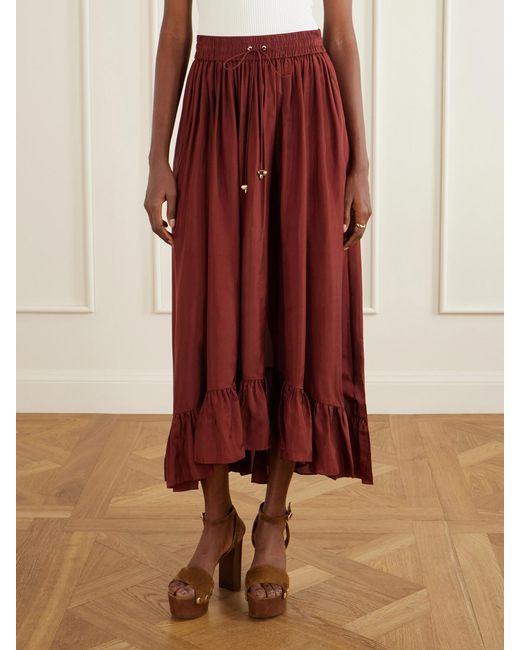 Zimmermann Red Aster Ruffled Silk Maxi Skirt