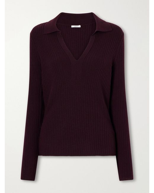 Joseph Purple Ribbed Wool-Blend Polo Sweater