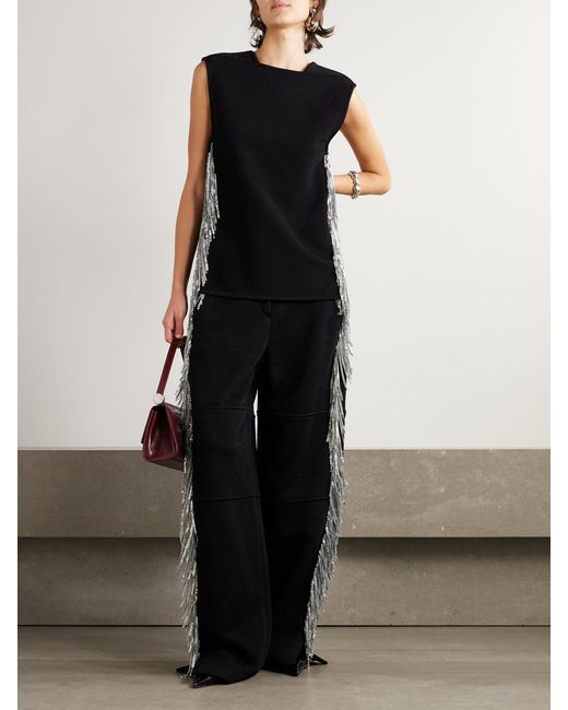 Jil Sander Black Fringed Open-Back Embellished Ponte Top