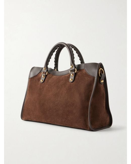 Balenciaga Brown Le City Studded Leather-Trimmed Suede Shoulder Bag