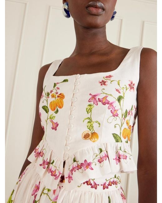 Agua Bendita Pink Eslabón Cropped Ruffled Floral-Print Linen Top