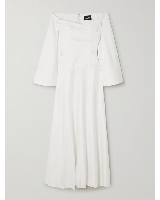Solace London White Rina Off-the-shoulder Draped Crepe And Satin Gown
