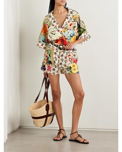 Camilla Multicolor Belted Printed Linen And Silk-Blend Shorts