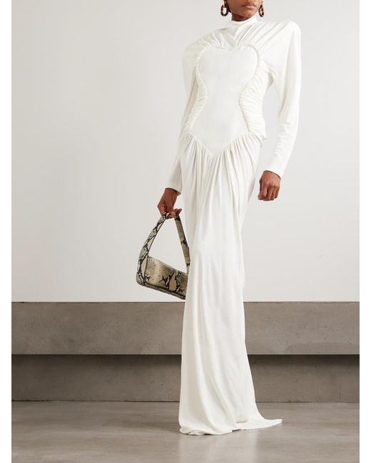 Stella McCartney White Mesh-Paneled Ruched Crepe Gown