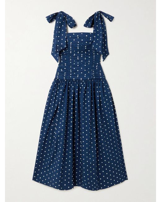 Cara Cara Blue Rahi Tie-Detailed Ruched Gathered Polka-Dot Cotton Midi Dress