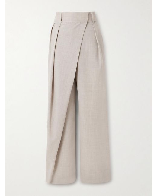 Loewe Natural Asymmetric Pleated Wool Wide-Leg Pants